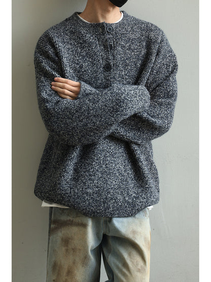Retro Henley Knit Sweater – Lazy Style Crew Neck Men – Japanese vintage | yamalin clothes | Yamalinclothes