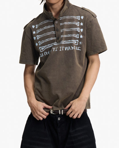 Illusion Print Stand-Collar Polo Shirt – Heavyweight Distressed Streetwear Tee
