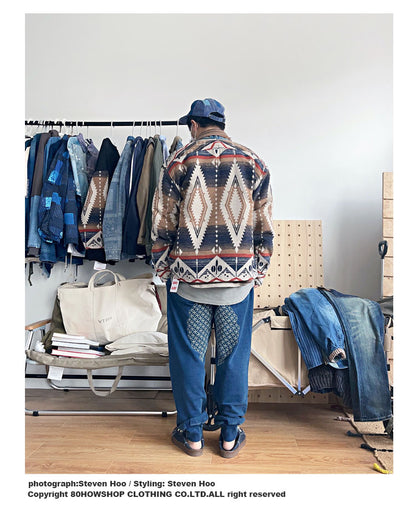 Men's Luckysartorius Japanese Retro Denim-Stitched Woolen Jacket - National Wind Robe Style Coat