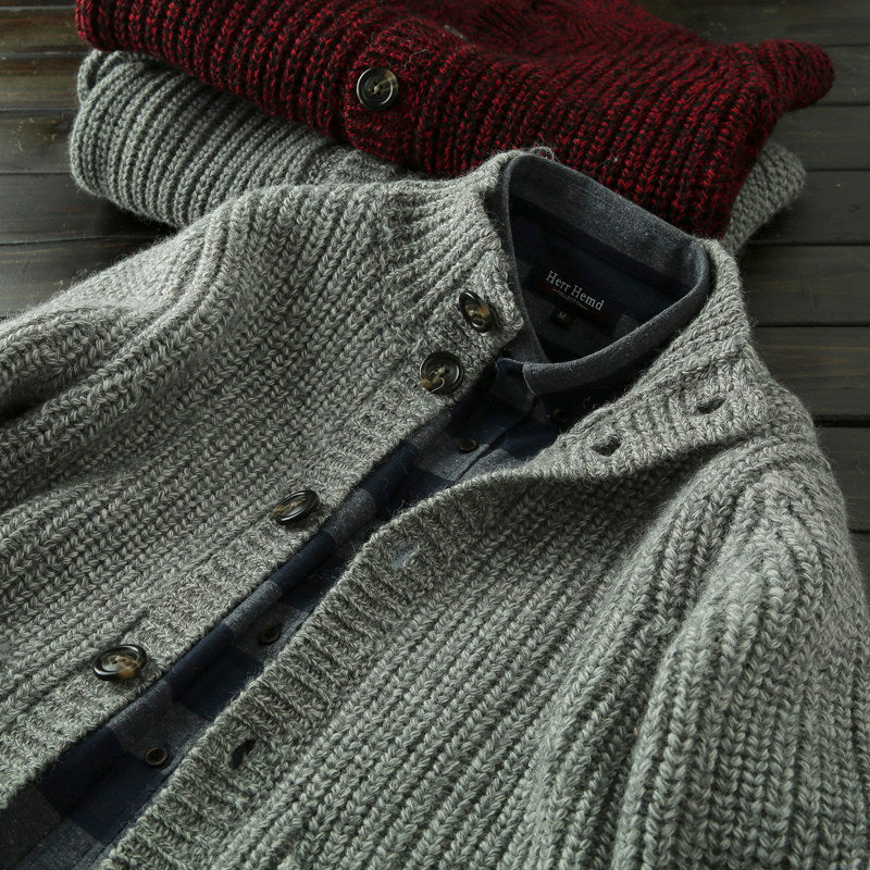 Wool Stand-Collar Knit Cardigan – Thickened Oversized Unisex