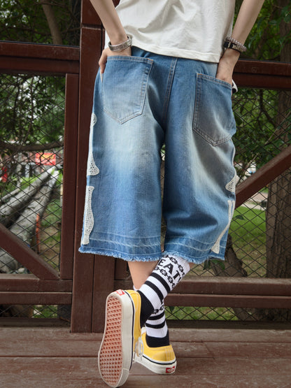 Loose Embroidered Bone Distressed Denim Shorts – Washed Unisex Oversized Streetwear