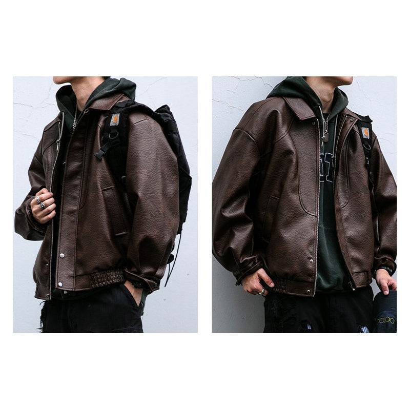 Lychee-Grain PU Leather Lapel Jacket – American Retro Oversized Unisex