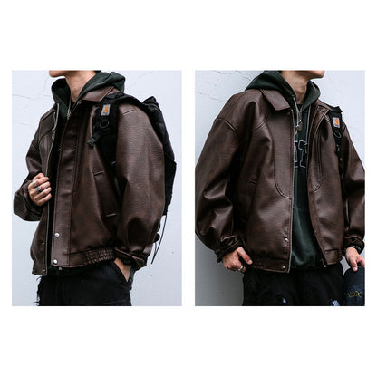 Lychee-Grain PU Leather Lapel Jacket – American Retro Oversized Unisex