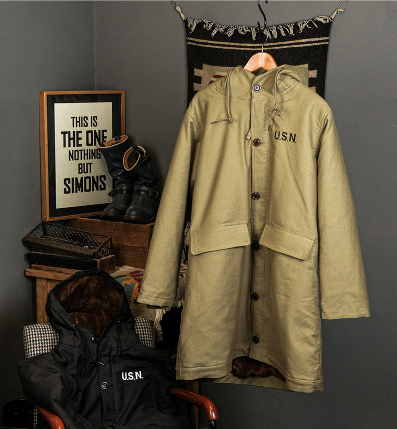 Heavy Wool Hooded Deck Parka – Long Padded Military-Style Jacket