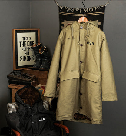 Heavy Wool Hooded Deck Parka – Long Padded Military-Style Jacket