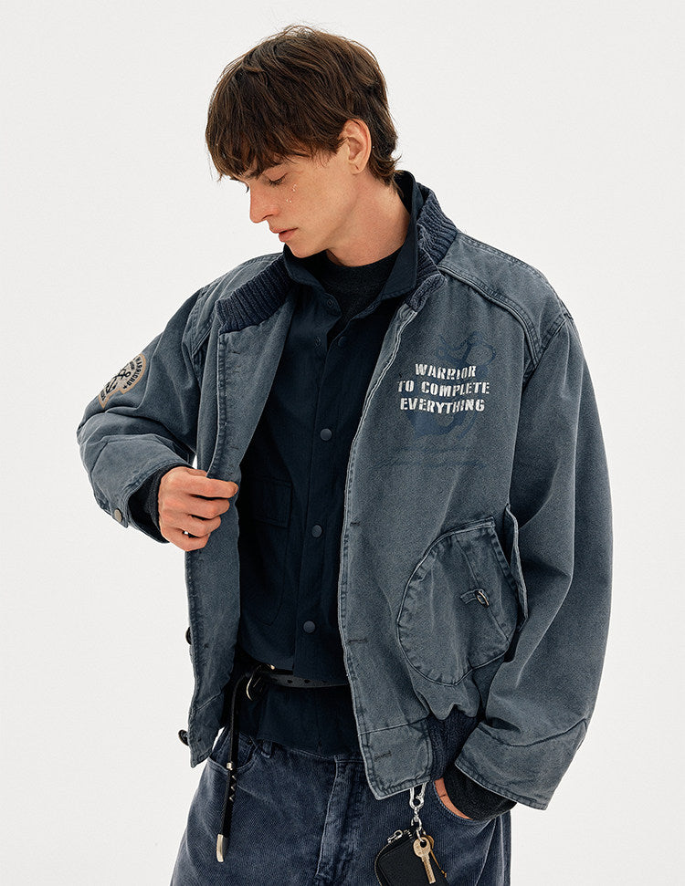 Heavyweight Washed Cotton Stand Collar Workwear Jacket – Oversized Unisex Short Coat