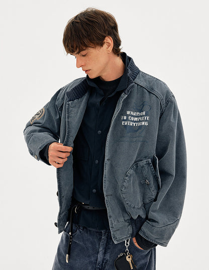 Heavyweight Washed Cotton Stand Collar Workwear Jacket – Oversized Unisex Short Coat