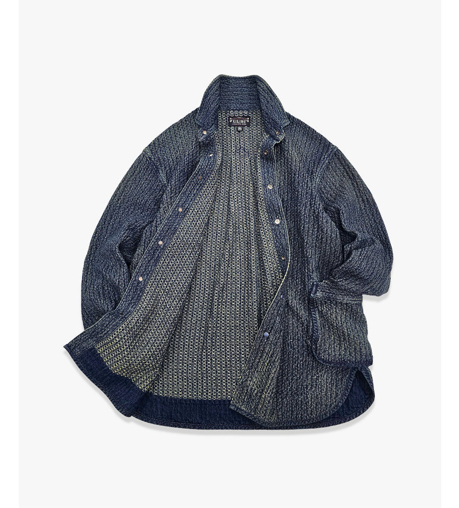 Draw-Dye Distressed Honeycomb Shirt Jacket – Japanese Vintage Loose Mid-Length Unisex – Coats Jackets | japanese streetwear | vintage workwear | unisex | Yamalinclothes