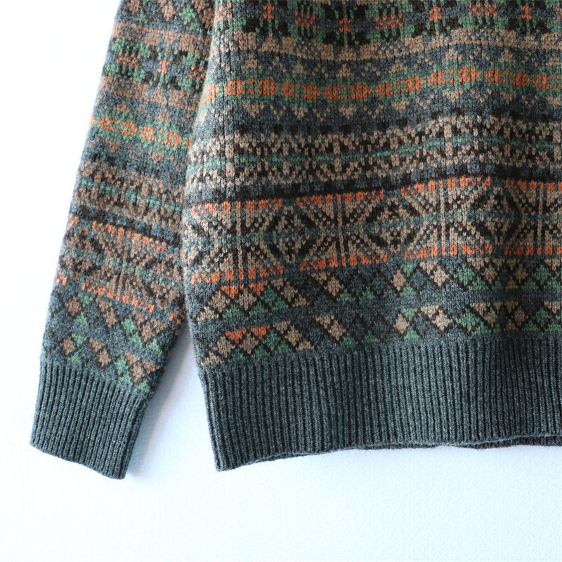 100% Wool Jacquard Stripe Crew Neck Sweater – Men's Thick Knit Pullover