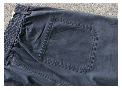 Blue Vintage Utility Pants, Heavy-Duty Washed Distressed Casual Loose Wide-Leg Men's Long Pants Made of Pure Cotton