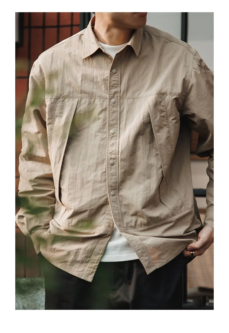 Japanese Workwear Pleated Layered Long-Sleeve Shirt Jacket – Cleanfit Silhouette Men’s Spring Autumn – Japanese vintage | yamalin clothes | Yamalinclothes