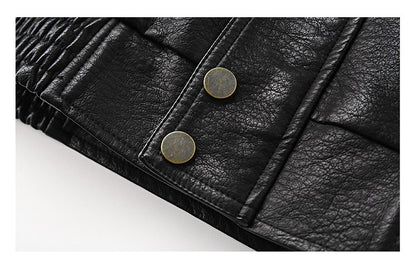 American Vintage Pebbled Leather Moto Jacket – Oversized Stand Collar Men's Coat