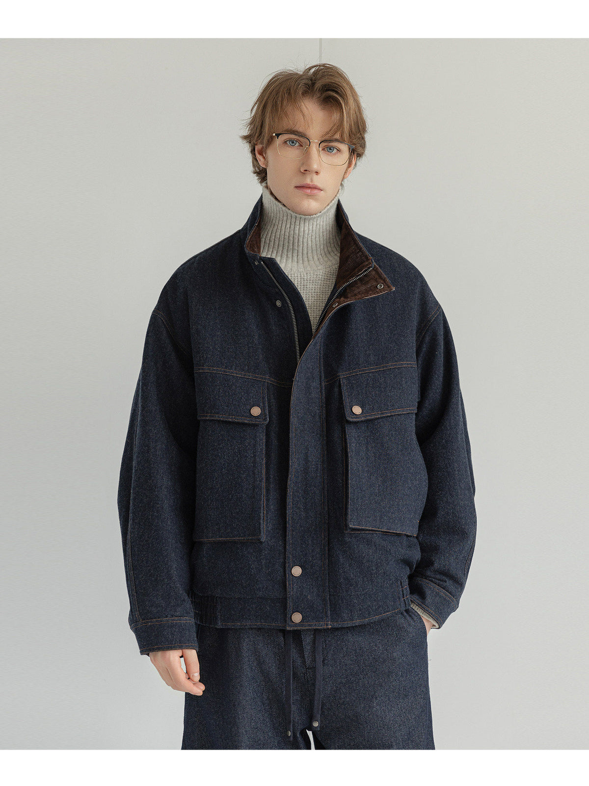 White Duck Down Denim Stand-Collar Jacket – American Vintage Loose Unisex – Coats Jackets | japanese streetwear | vintage workwear | unisex | Yamalinclothes