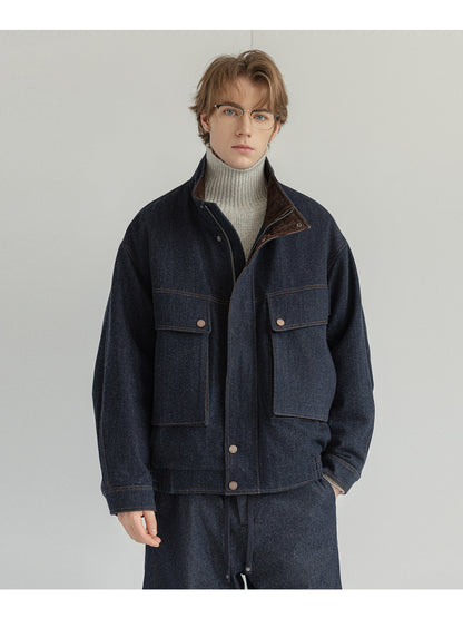 White Duck Down Denim Stand-Collar Jacket – American Vintage Loose Unisex – Coats Jackets | japanese streetwear | vintage workwear | unisex | Yamalinclothes