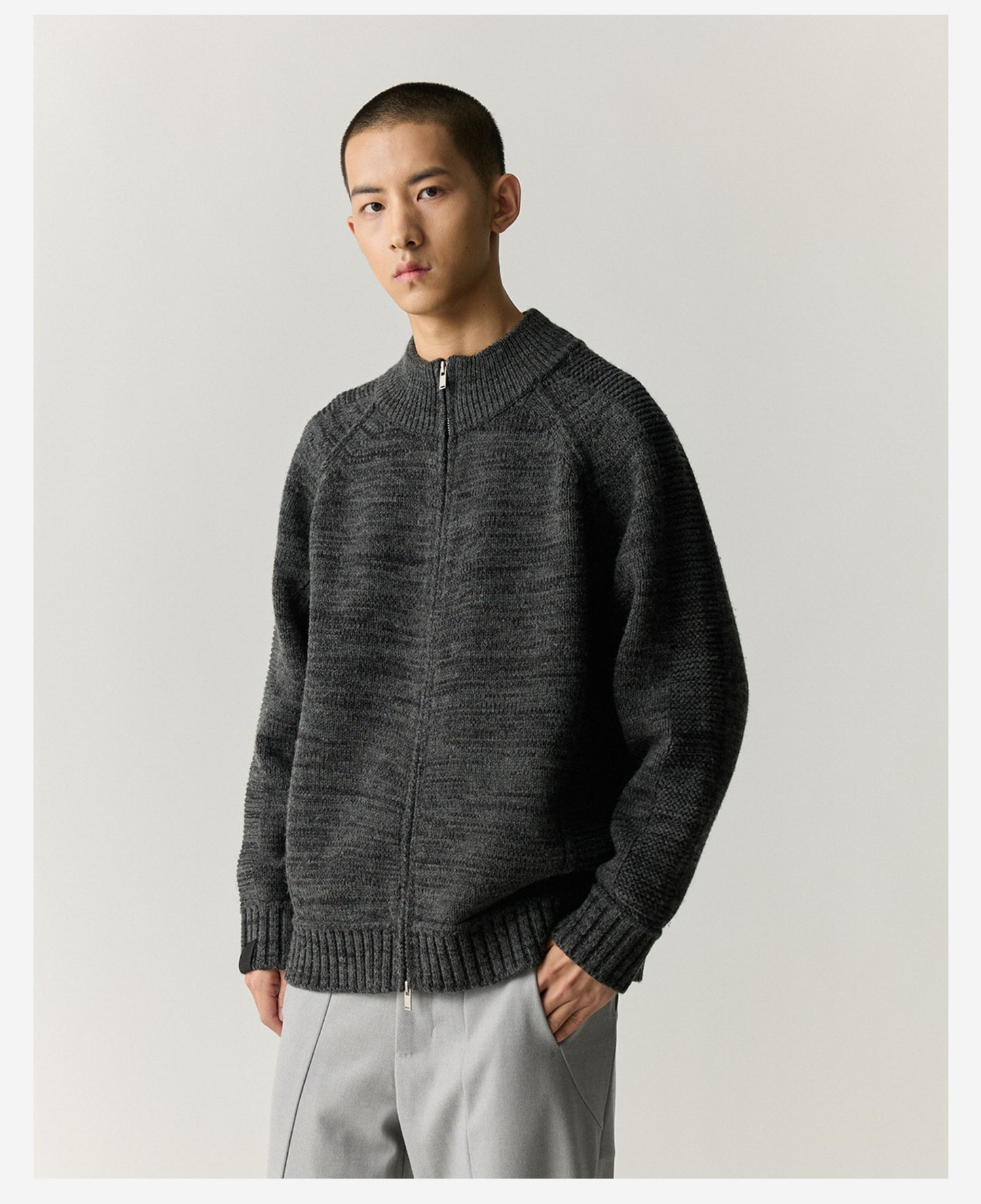Merino Wool Blend Zip Cardigan – Heavyweight Panel Knit Coat – Japanese vintage | yamalin clothes | Yamalinclothes