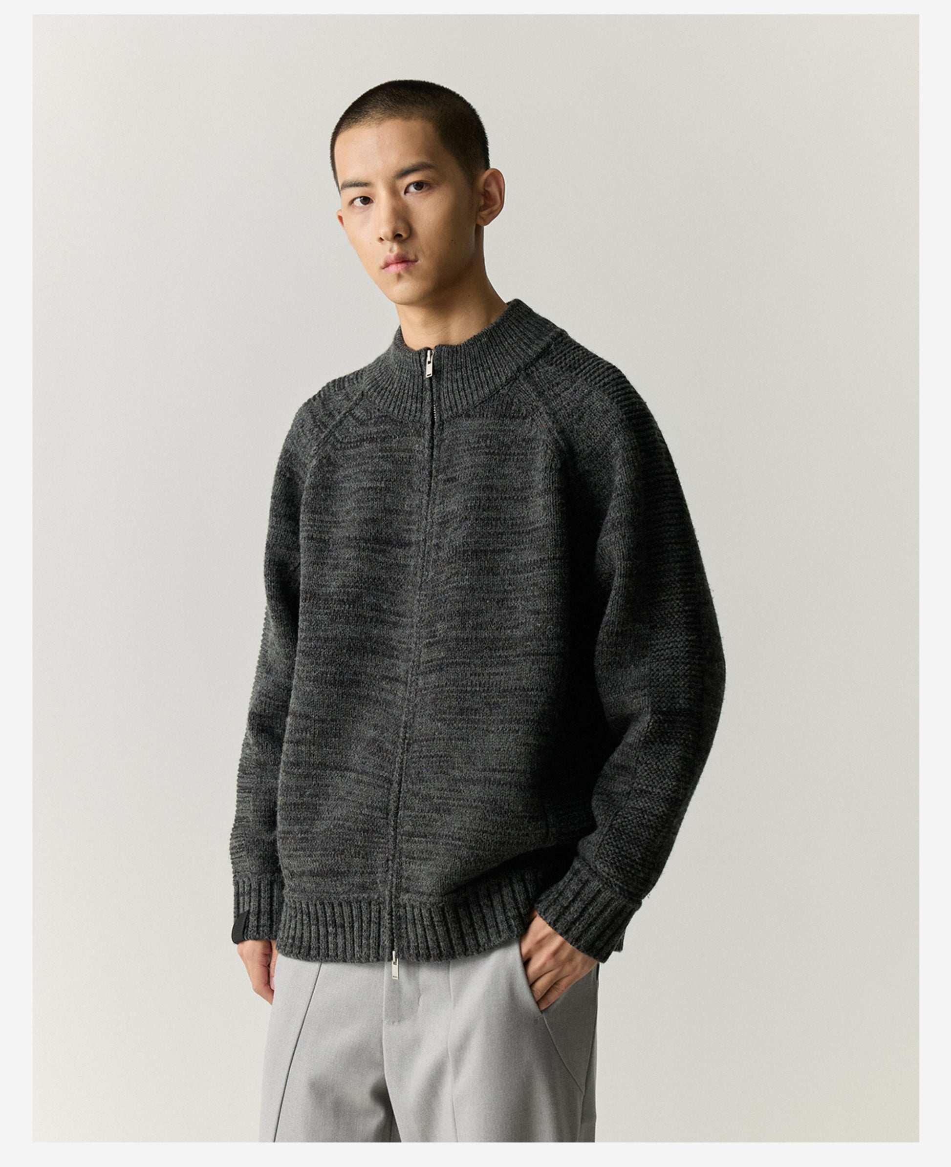 Merino Wool Blend Zip Cardigan – Heavyweight Panel Knit Coat – Japanese vintage | yamalin clothes | Yamalinclothes
