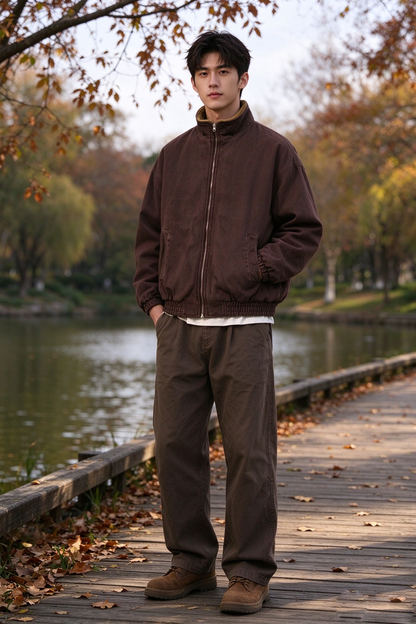 Sherpa-Lined Jacket – Stand Collar & Relaxed Fit | Yamalinclothes