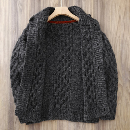 80% Wool Cable Knit Cardigan – Men's Stand Collar Raglan Sleeve Sweater