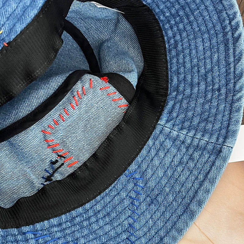 Denim Abstract Appliqué Fisherman Hat – Wide Brim Sun Protection Streetwear – Japanese vintage | yamalin clothes | Yamalinclothes