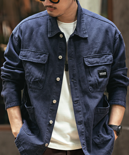 Vintage Chore Jacket Men – Washed Cotton Loose Cargo Workwear Shirt Jacket