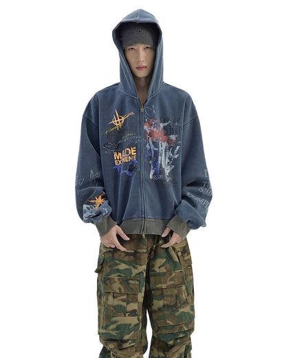 Vintage Distressed Letter Print Zip-Up Hoodie – Oversized Hip-Hop Sweatshirt