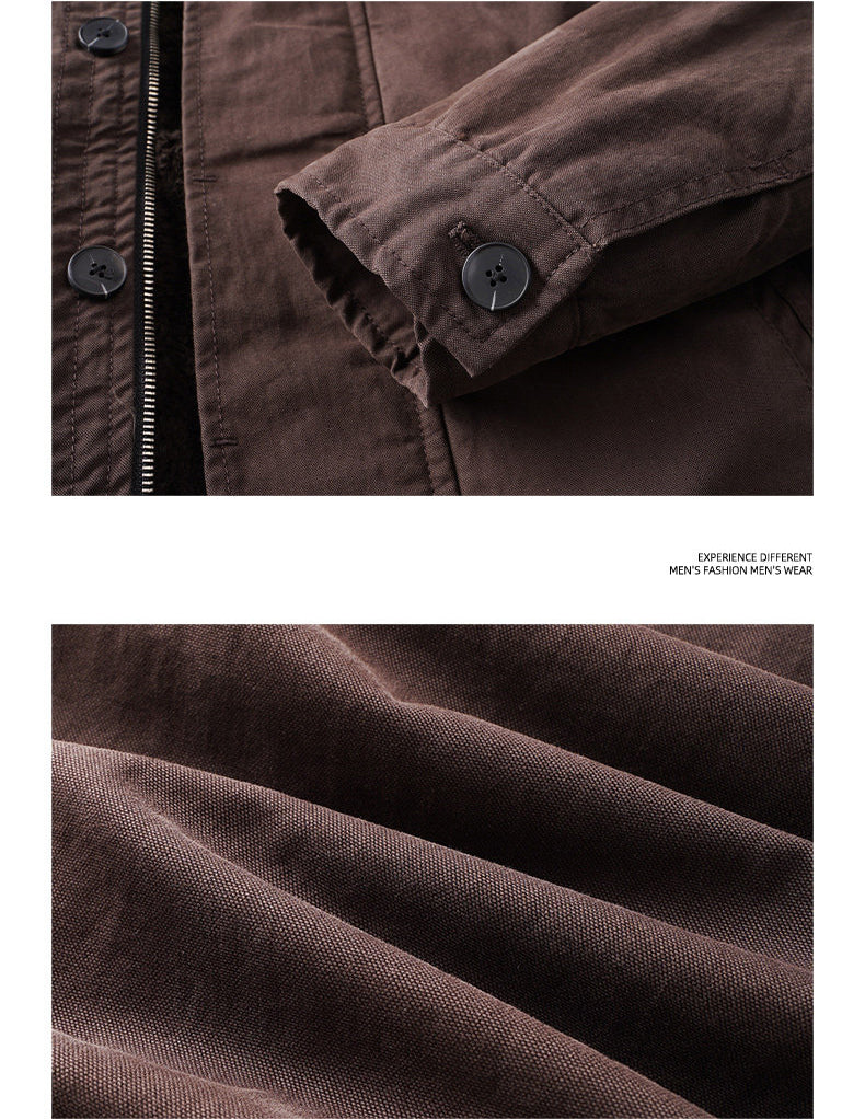 Faux Fur-Lined Jacket – Stand Collar & Gathered Hem | Yamalin clothes | Vintage workwear outfit for men