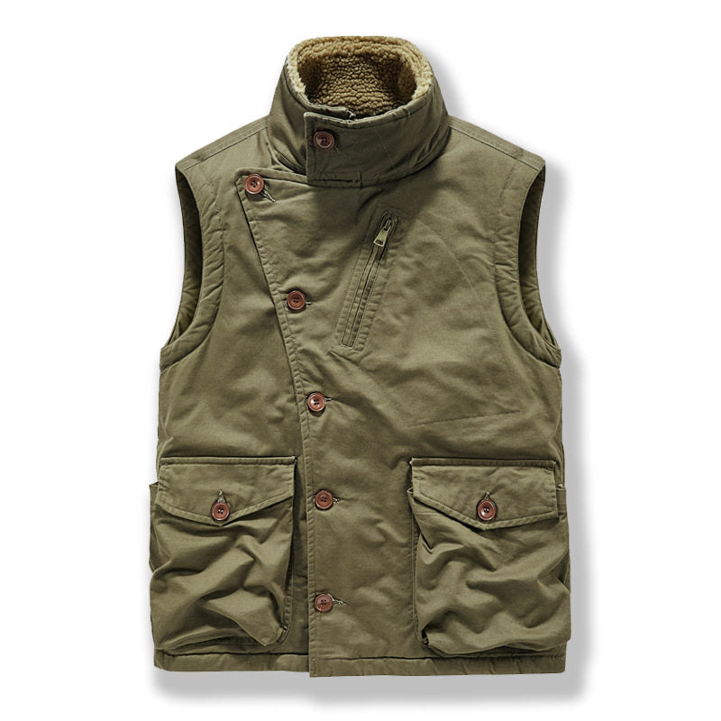 Multi-Pocket Fleece-Lined Utility Vest – Stand Collar Sleeveless Workwear Unisex – Vest | japanese streetwear | vintage workwear | unisex | Yamalinclothes
