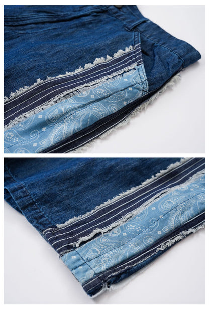 Japanese Vintage Patchwork Denim Shorts – Handmade Ethnic Strip Panel Summer Streetwear – Japanese vintage | yamalin clothes | Yamalinclothes