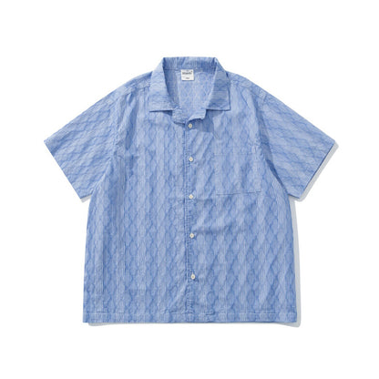 Diamond Texture Striped Short Sleeve Shirt – Loose Unisex Casual Summer
