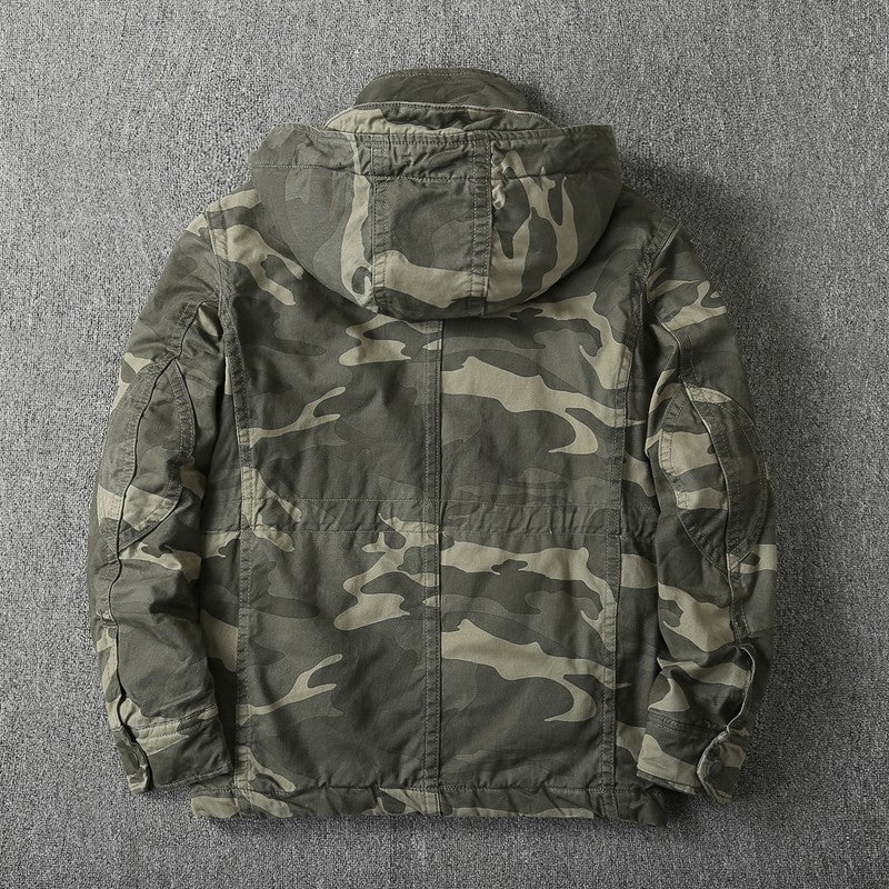 Heavy Distressed Hooded Camouflage Cargo Jacket – Oversized Cotton Outdoor Coat