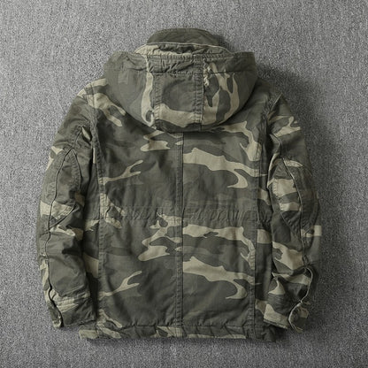 Heavy Distressed Hooded Camouflage Cargo Jacket – Oversized Cotton Outdoor Coat