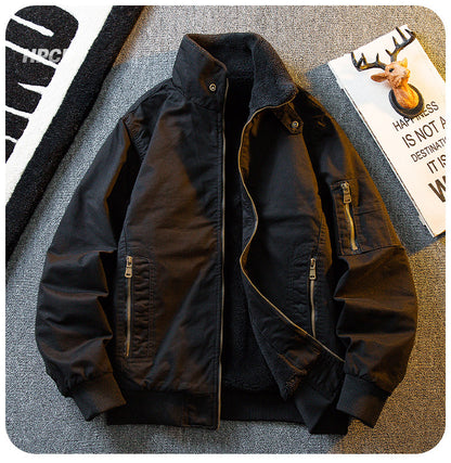 Lambswool Stand Collar Workwear Bomber Jacket – Fleece Lined Unisex Winter