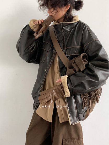 Lamb Fur Leather Jacket – Japanese Vintage Oversized Unisex