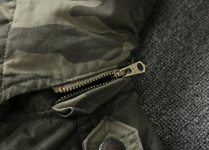 Heavy Distressed Hooded Camouflage Cargo Jacket – Oversized Cotton Outdoor Coat