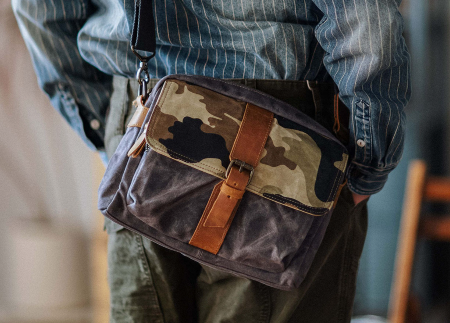 Japanese Vintage Camouflage Canvas Crossbody Bag – Indigo Cowhide Leather Messenger Shoulder Bag