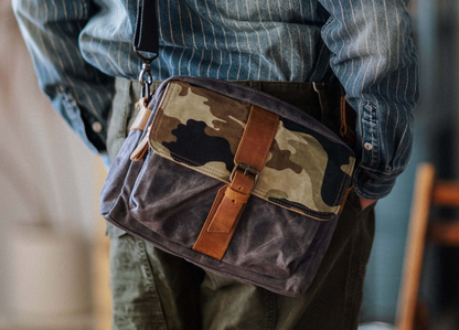 Japanese Vintage Camouflage Canvas Crossbody Bag – Indigo Cowhide Leather Messenger Shoulder Bag