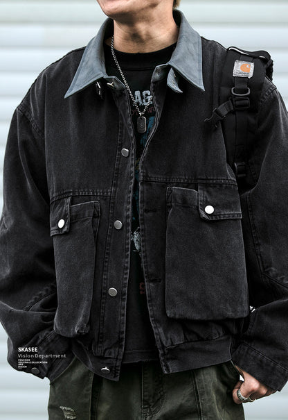 Washed Patchwork Lapel Cargo Jacket – American Retro Oversized Unisex