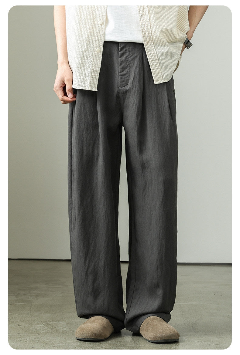 Draped Lyocell Wide Leg Pants – Loose Straight Tencel Linen Summer Ice Silk Slacks for Men – Japanese vintage | yamalin clothes | Yamalinclothes