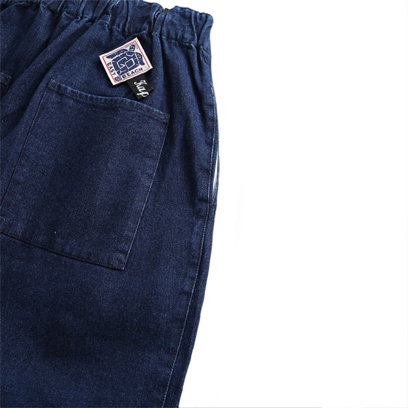 Vintage Indigo-Dyed Loose Jeans – Handmade Elastic Adjustable Waist Streetwear