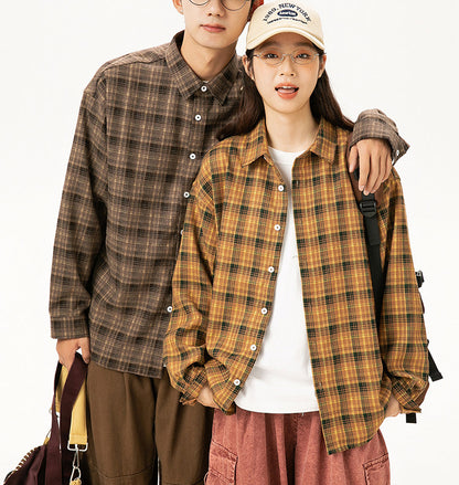 Japanese Vintage Contrast Plaid Long Sleeve Shirt – Loose Unisex Casual
