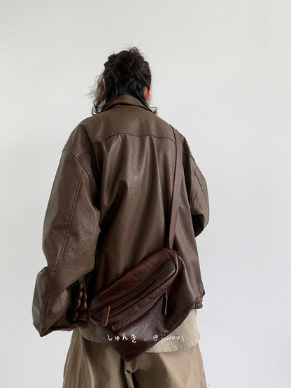 Vintage Moto Leather Jacket – Unisex PU Biker Brown Black
