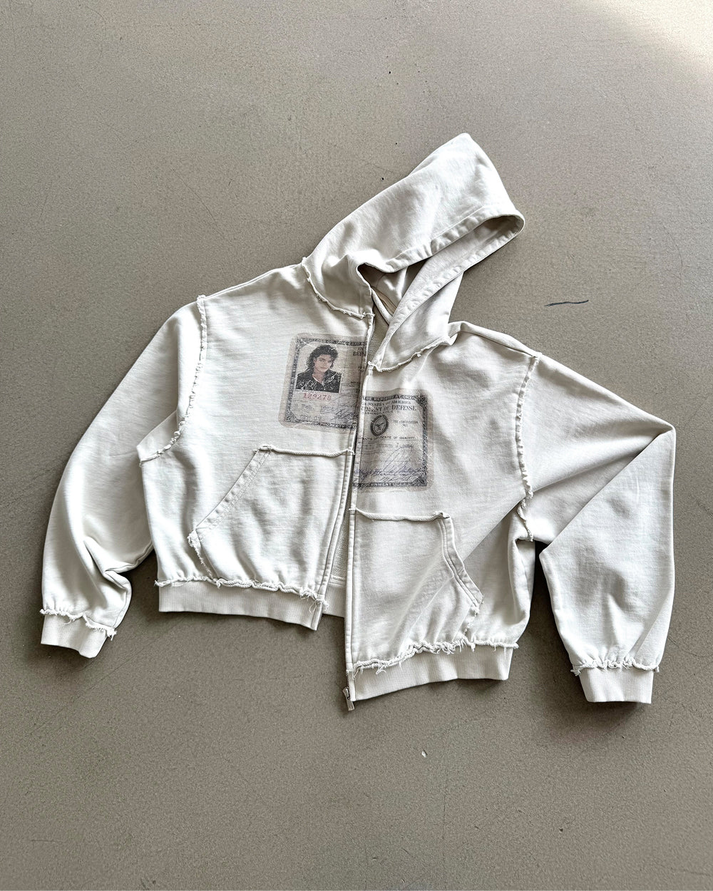 EssorNovus Michael Jackson passport print raw edge old zip hoodie sweatshirt