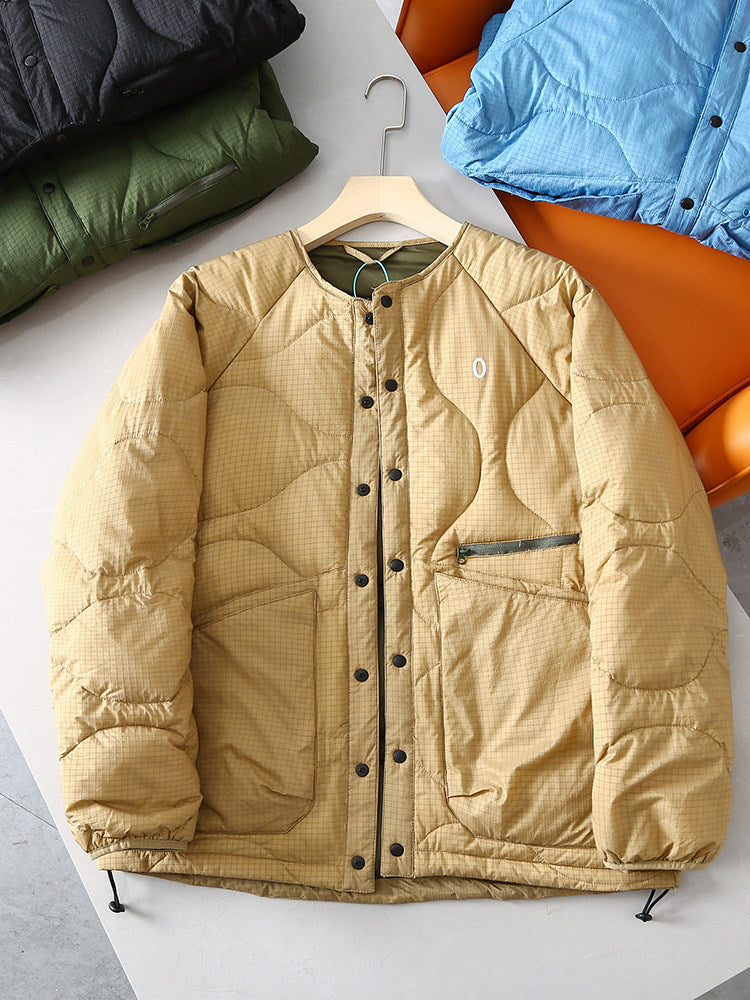 Collarless Down Jacket – Wave Quilting & Snap Front