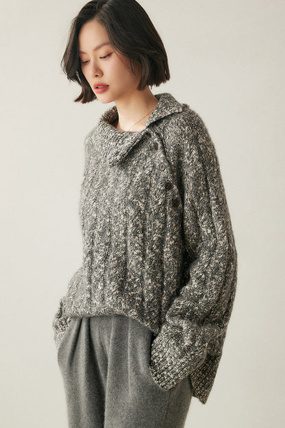 Heavy-duty lazy cashmere sweater, diagonal buttoned floral tulle, thickened twisted high-neck sweater, Korean autumn/winter new women's knitwear | Yamalinclothes