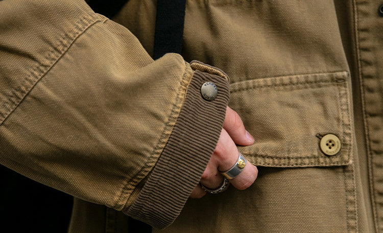 Cotton Cargo Jacket – Corduroy Collar & Four Pockets | Yamalin clothes | Vintage workwear outfit for men