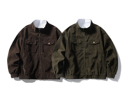 Stripe Patchwork Stand-Collar Harrington Jacket – Oversized Unisex