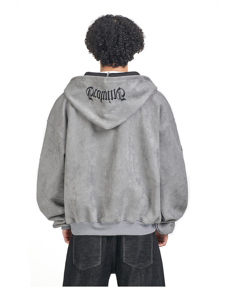 Suede Embroidered Hooded Zip Sweatshirt – Loose Vintage Unisex Jacket