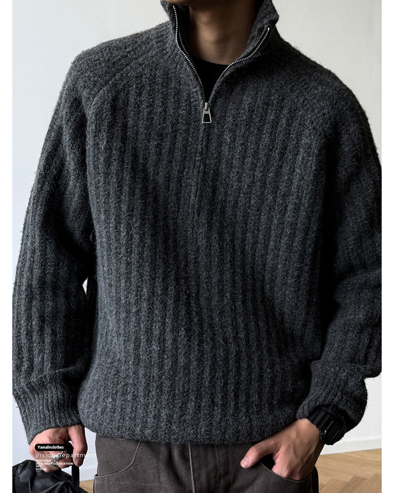 Half-Zip Stand Collar Knit Pullover – Loose Lazy Men – Japanese vintage | yamalin clothes | Yamalinclothes