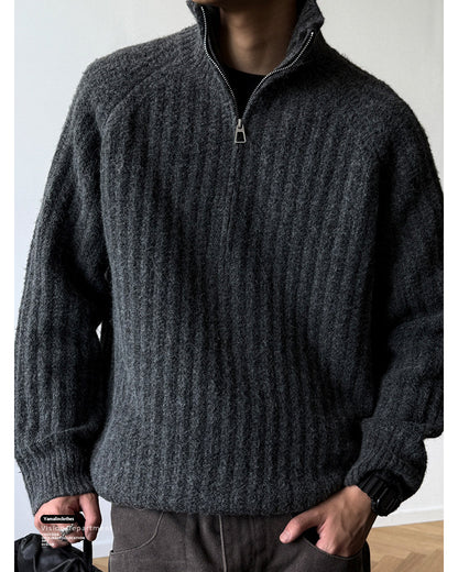 Half-Zip Stand Collar Knit Pullover – Loose Lazy Men – Japanese vintage | yamalin clothes | Yamalinclothes