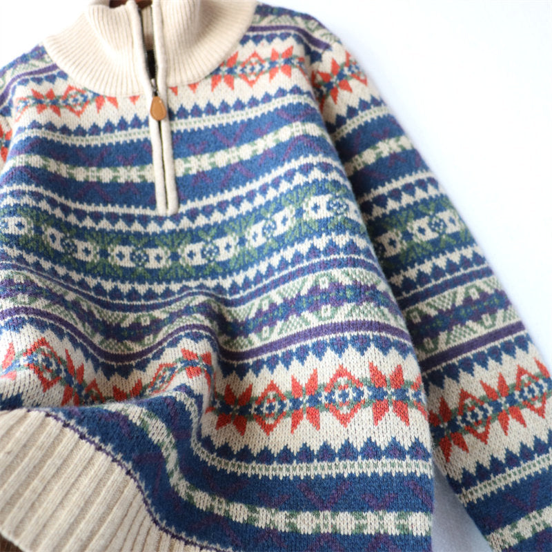 100% Wool Half-Zip Jacquard Stripe Sweater – Men's Ethnic Knit Pullover Khaki